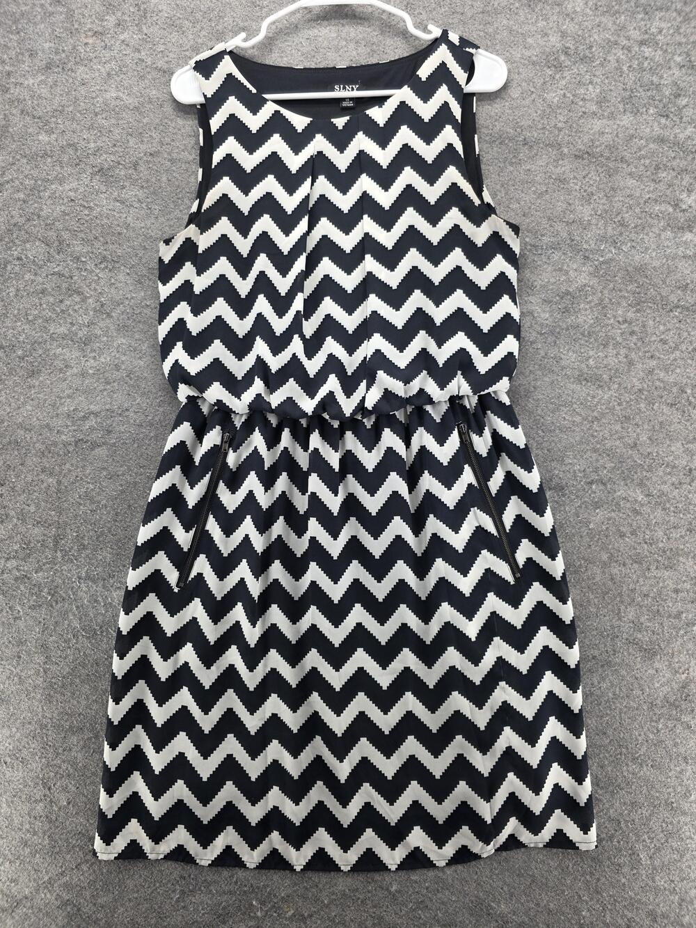SLNY Dress Womens 14 Black White Chevron Zigzag Sleeveless Elastic Waist
